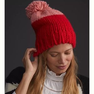 Anthropologie Red and Pink Knit Pom-Pom Hat